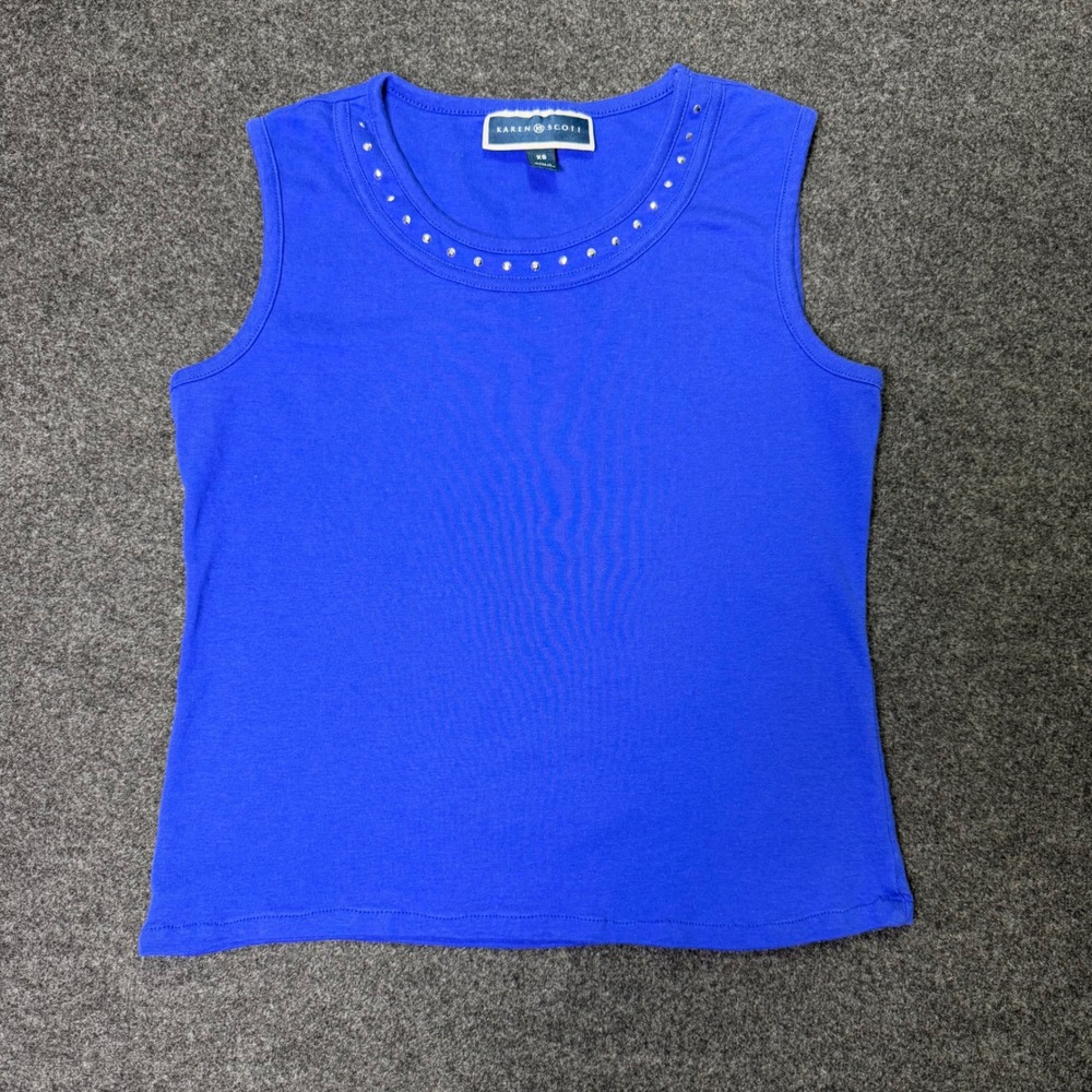 Karen Scott Tank Top Women XS Blue Studded Scoop Neck Sleeveless Shell